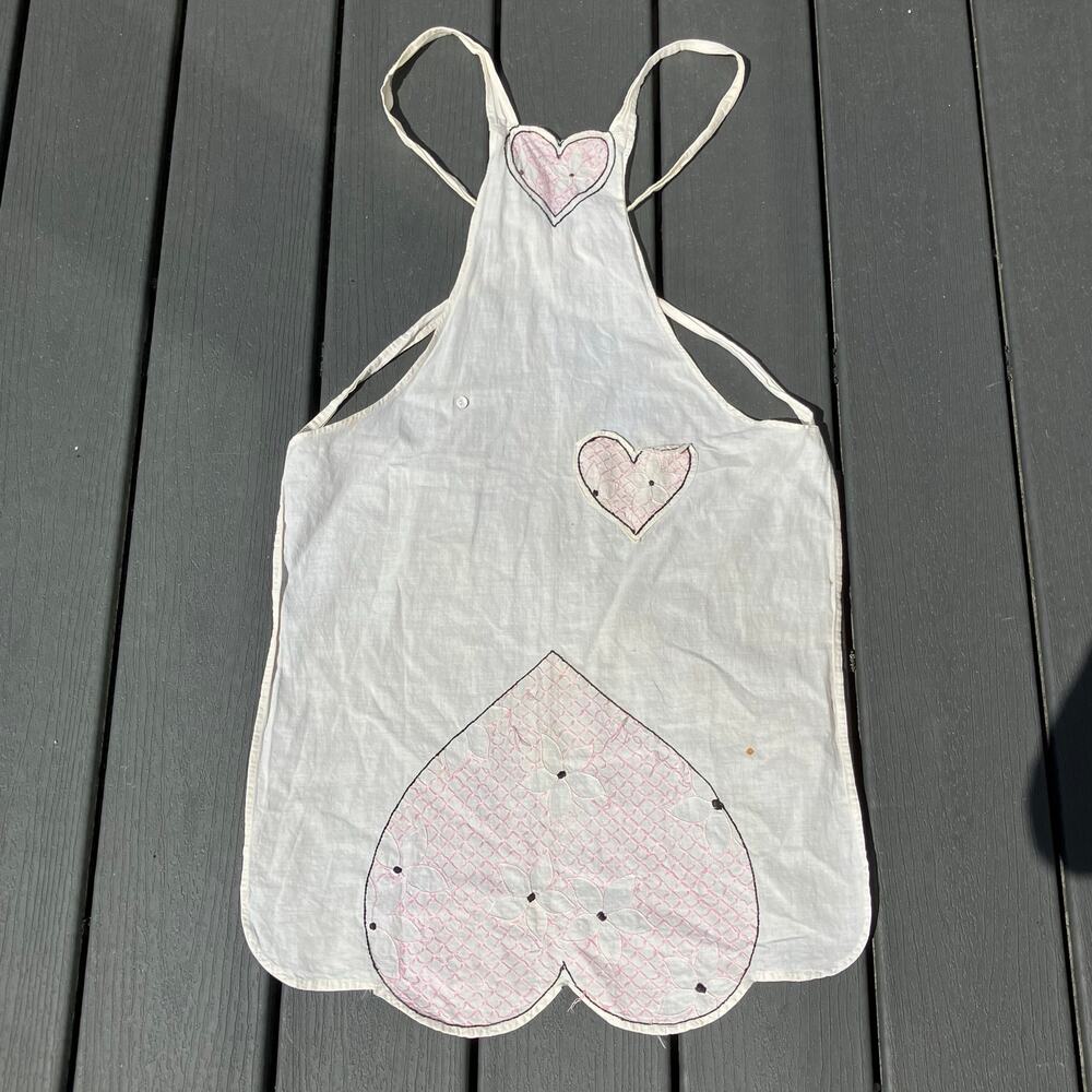 Vintage bib apron with floral embroidered heart appliques, coquette cottagecore
